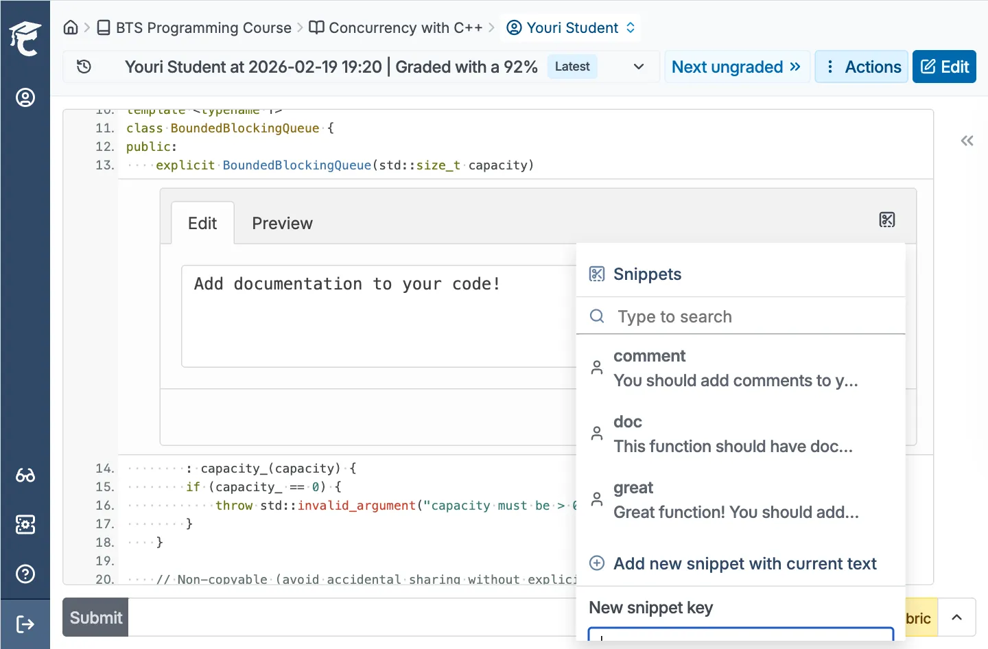 Using comment snippets for fast inline feedback on C++ code in CodeGrade's submission review.