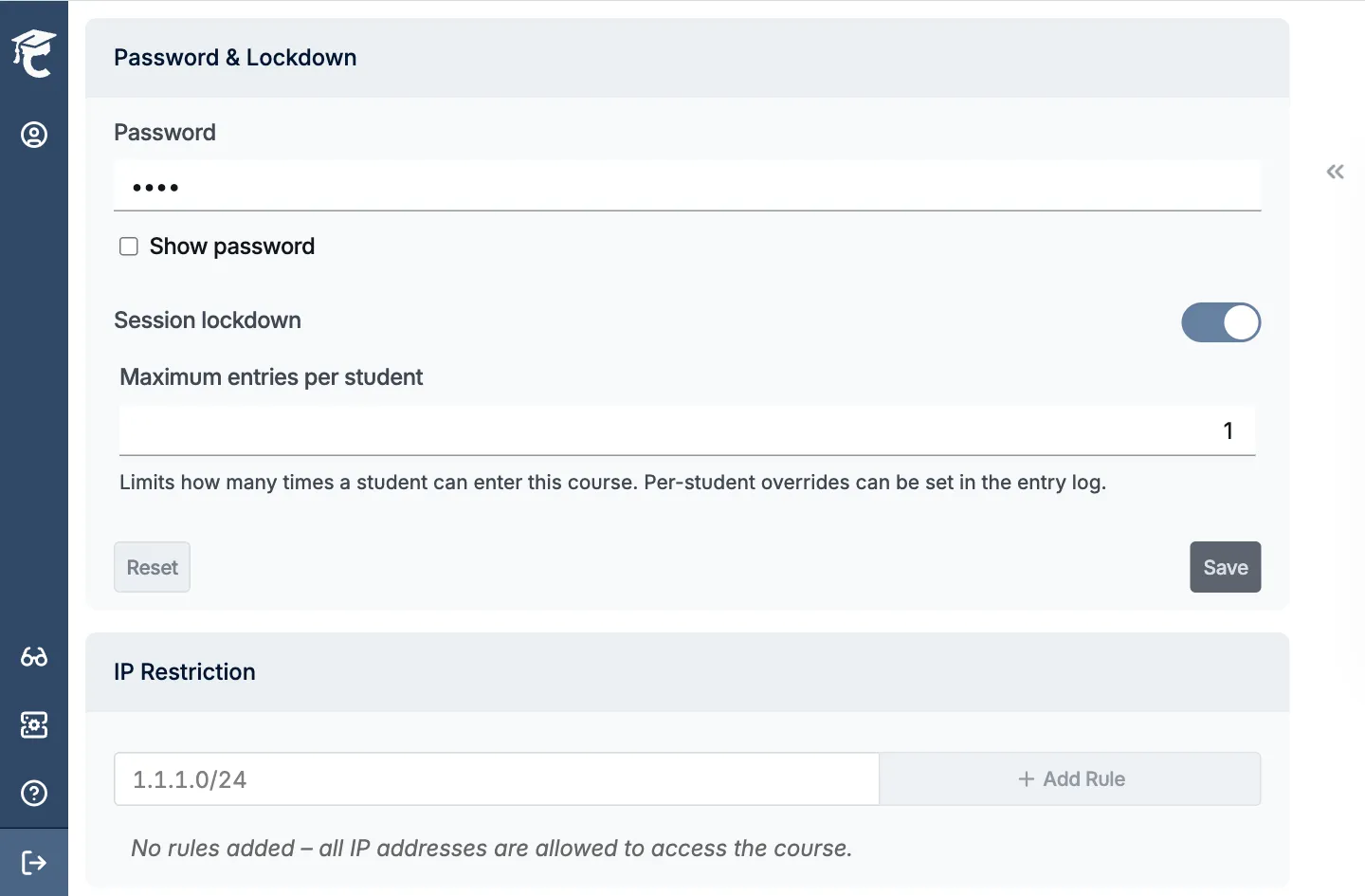 CodeGrade exam lockdown settings with password protection, session lockdown, and IP restriction for secure coding exams.