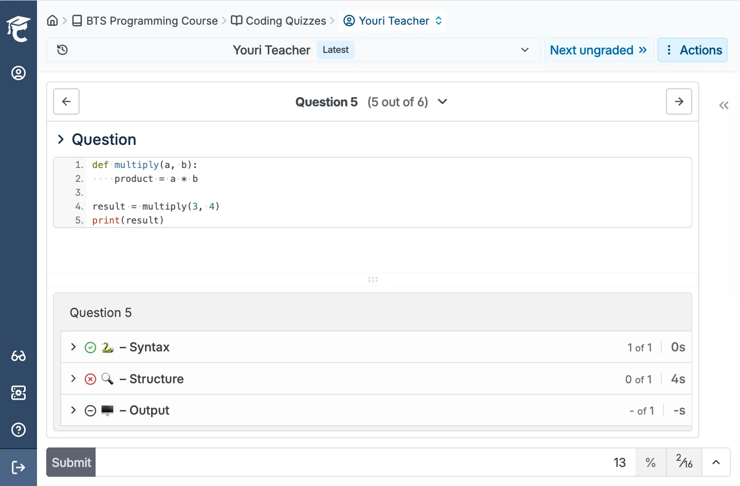 Teacher reviewing a Python quiz submission with per-question AutoTest results for syntax, structure, and output.