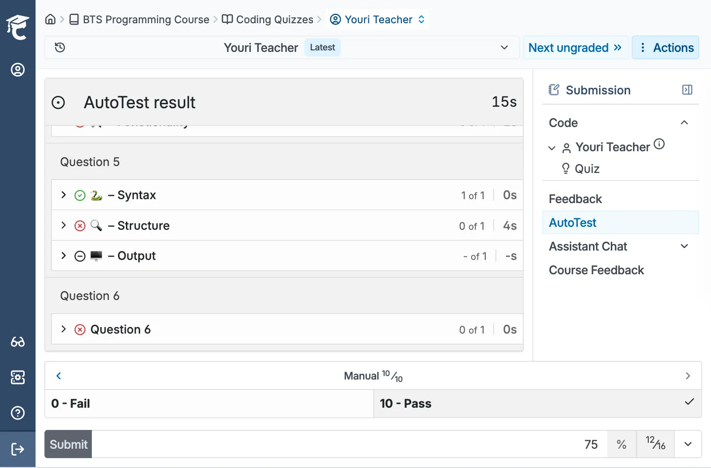 CodeGrade submission review showing AutoTest results, rubric grading, and feedback panels for a coding quiz.