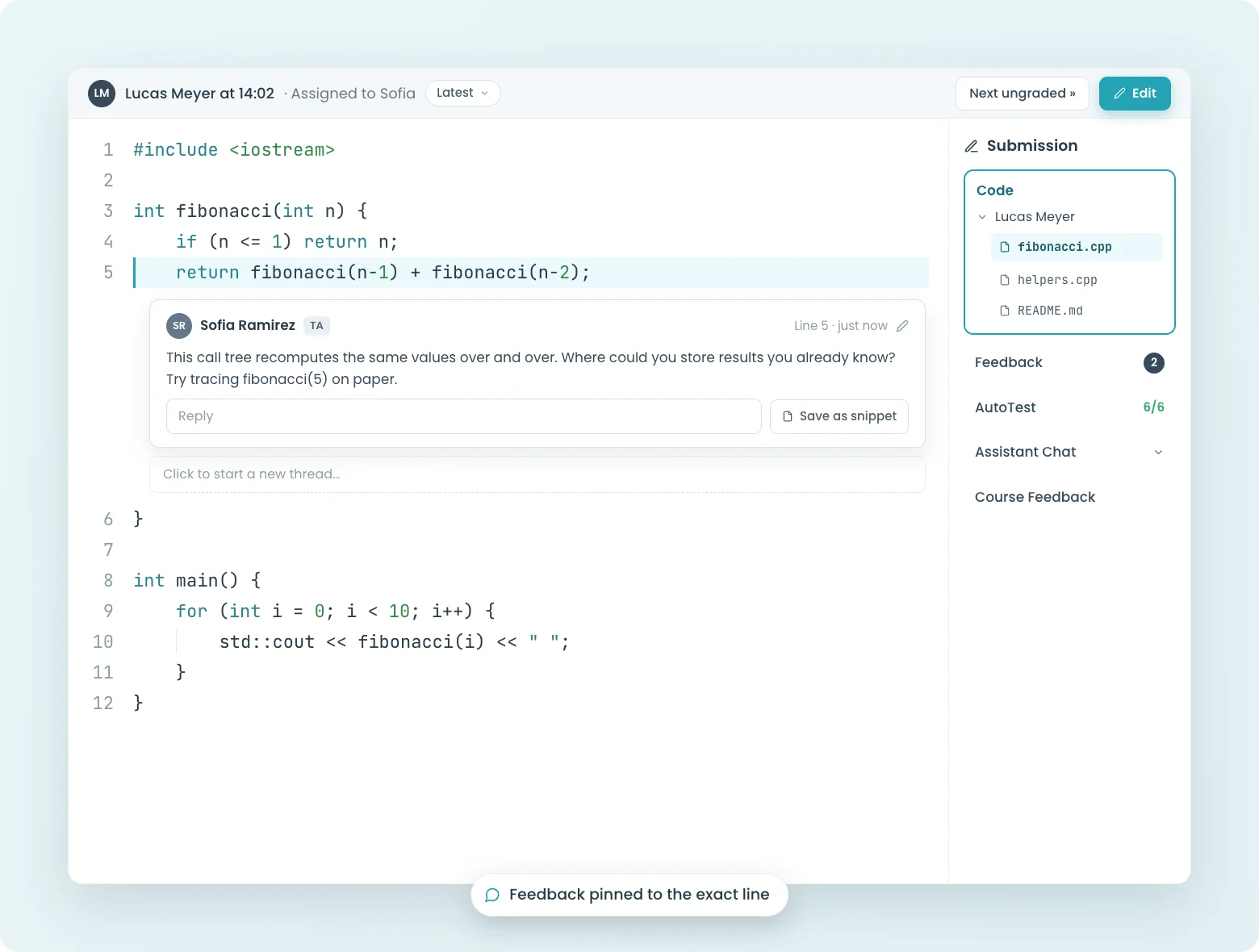 Instructor comment pinned to a line of C++ code in CodeGrade's inline feedback view.