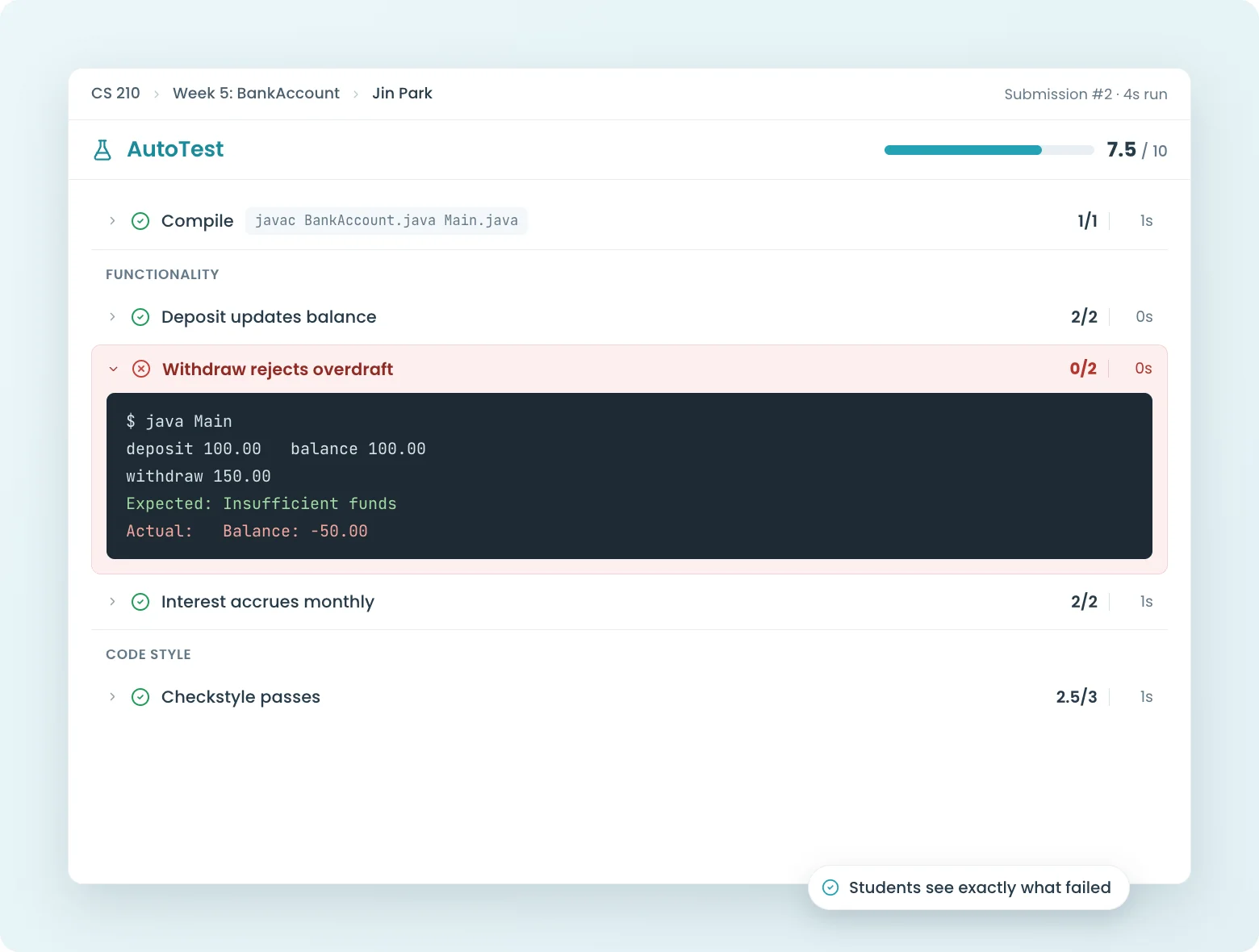 CodeGrade AutoTest results with compile, IO, and structure checks graded instantly.