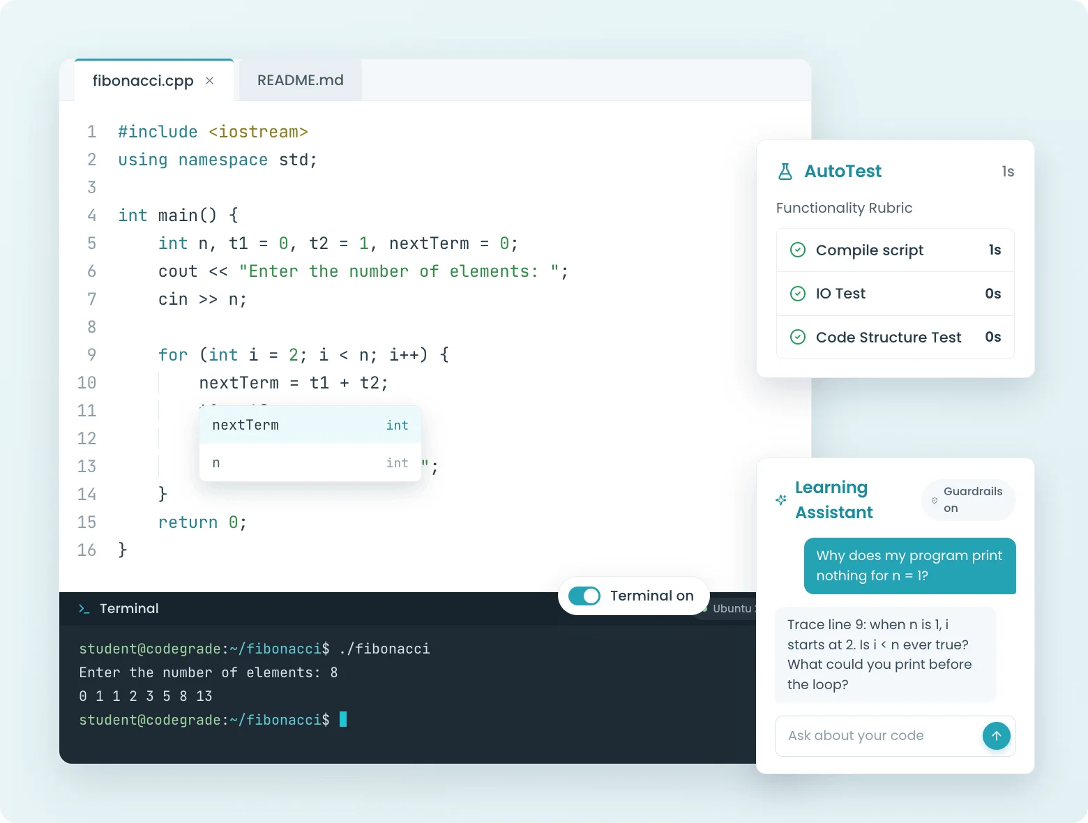 CodeGrade's learning environment: C++ editor with autocomplete, interactive terminal, AutoTest results, and Learning Assistant.