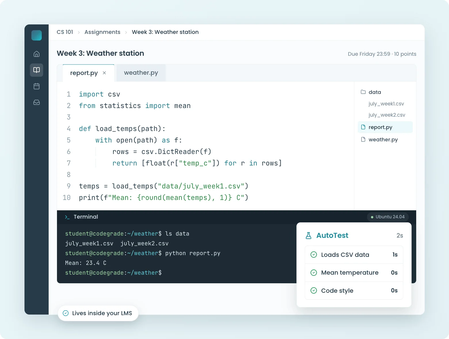CodeGrade's coding environment embedded inside a Canvas assignment, with editor and terminal.