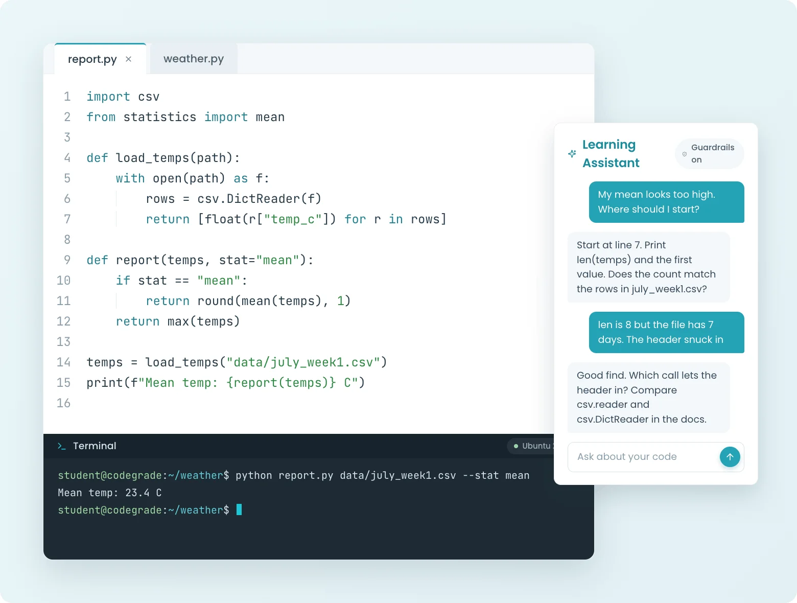 Student asking CodeGrade's Learning Assistant for guidance, with guardrails on and the conversation visible to the instructor.