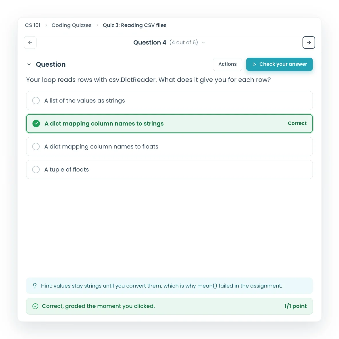 Multiple choice question with instant feedback in a CodeGrade quiz.