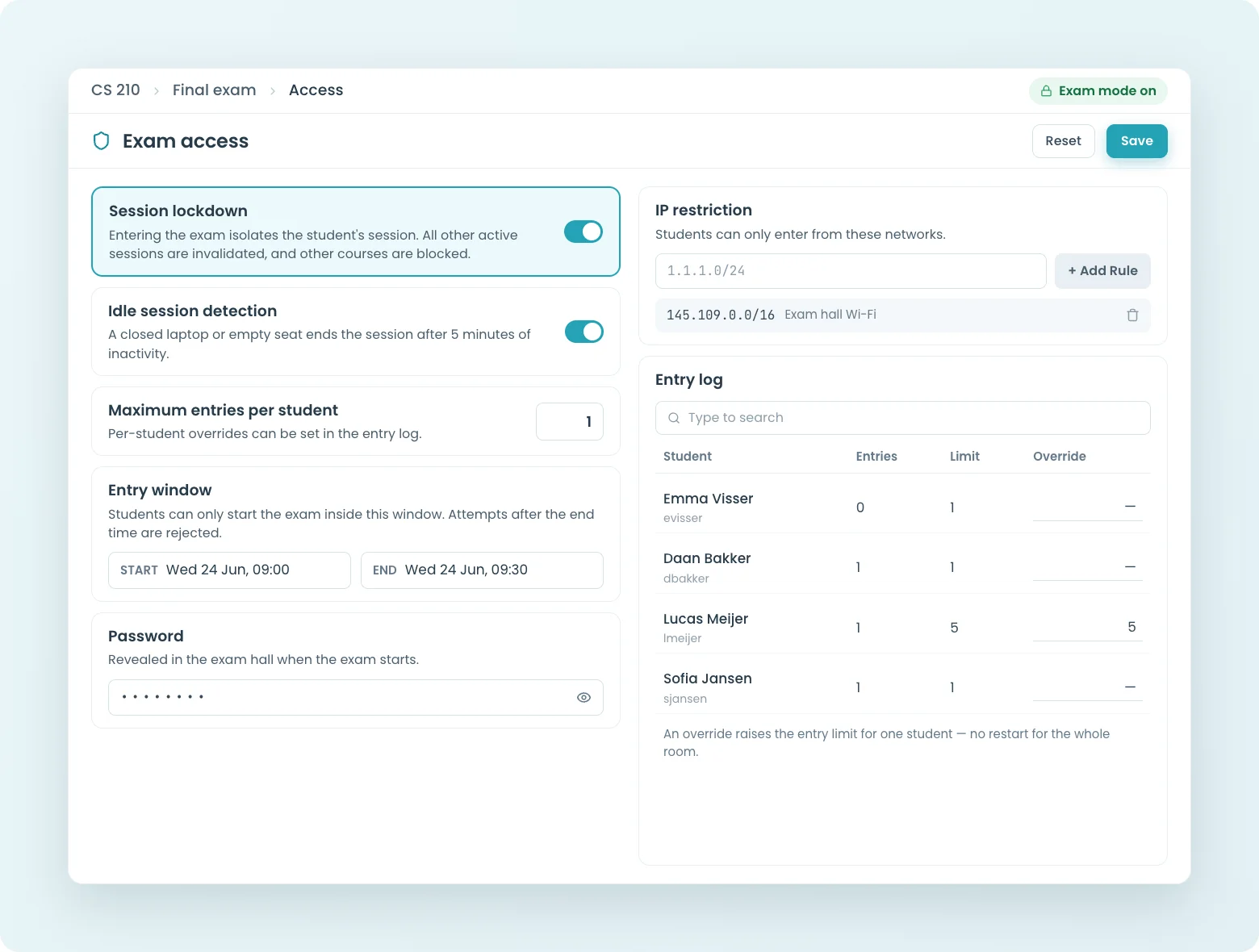 Exam security settings in CodeGrade: session lockdown, IP restrictions, and access passwords.