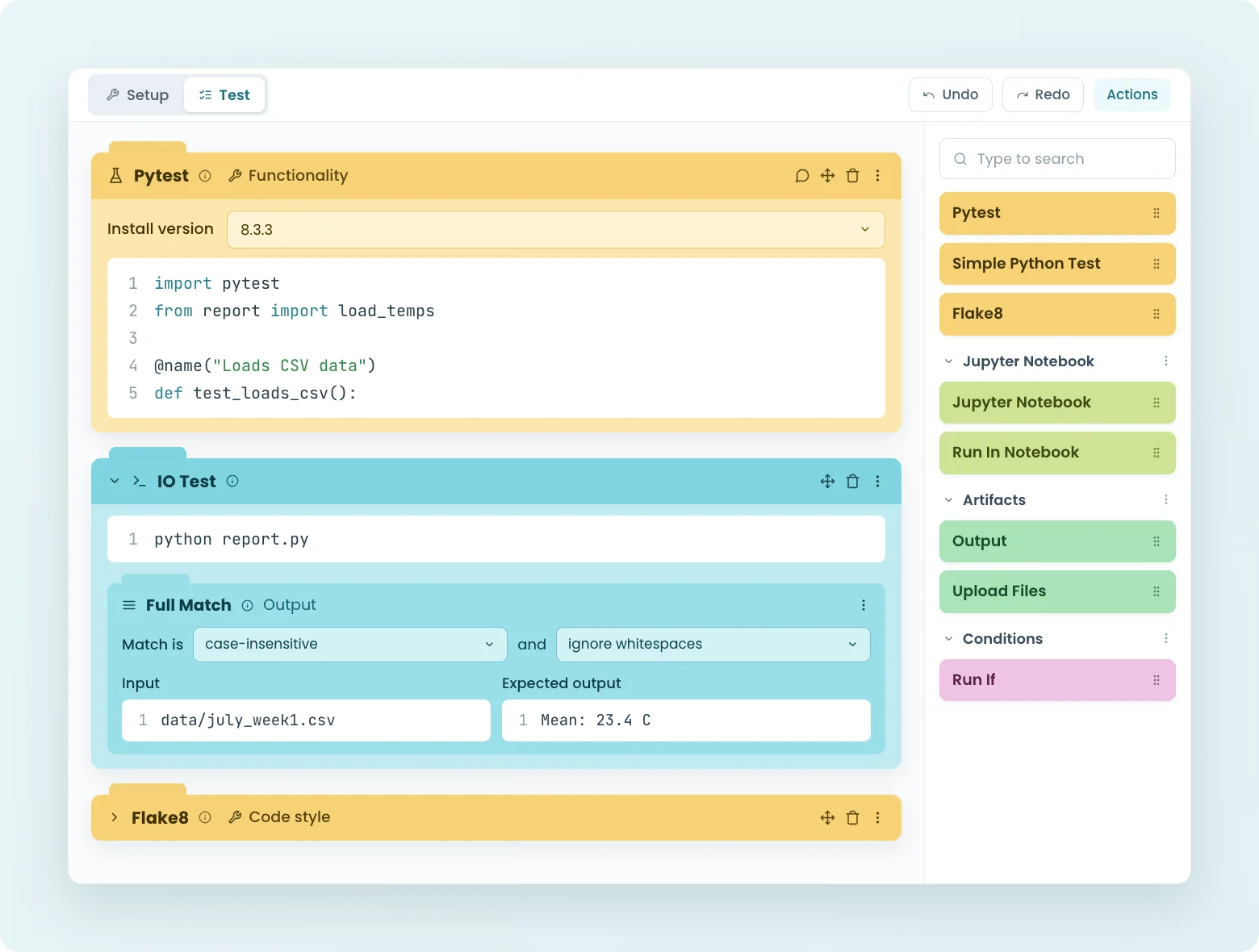 Quizzes are built in the same block-based test builder as assignments.