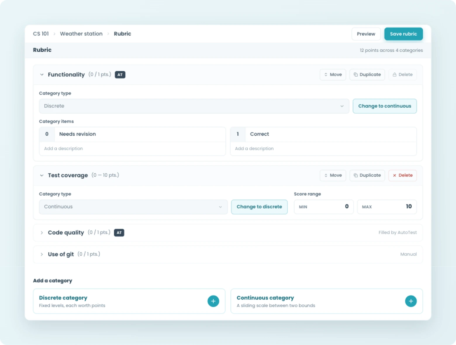 CodeGrade rubric builder combining a discrete fixed-level category and a continuous sliding-scale category.