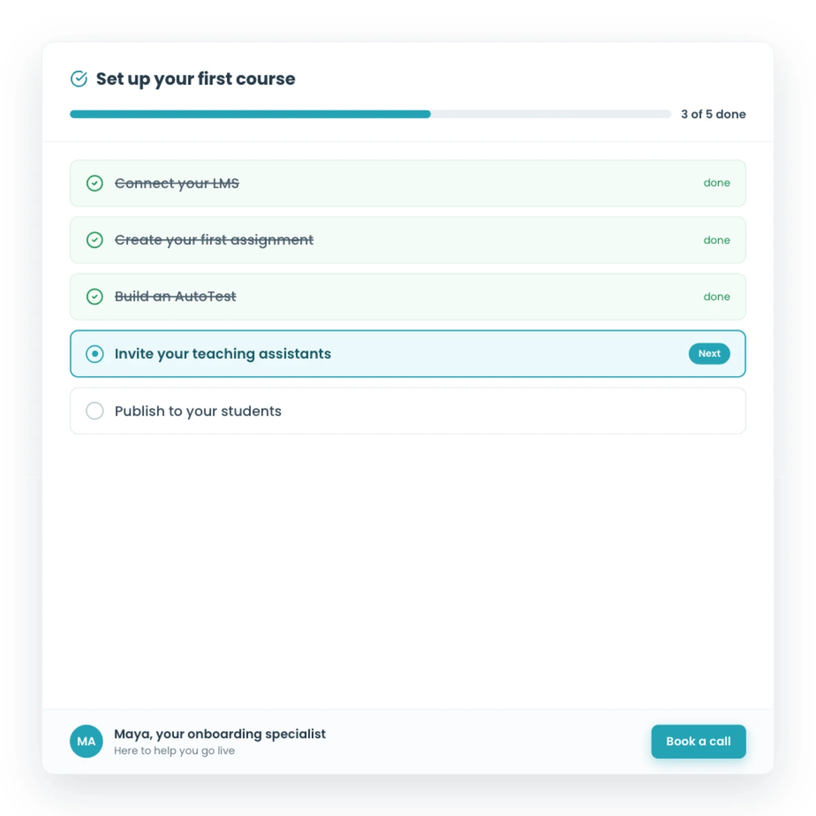 A CodeGrade onboarding setup checklist for a new course.