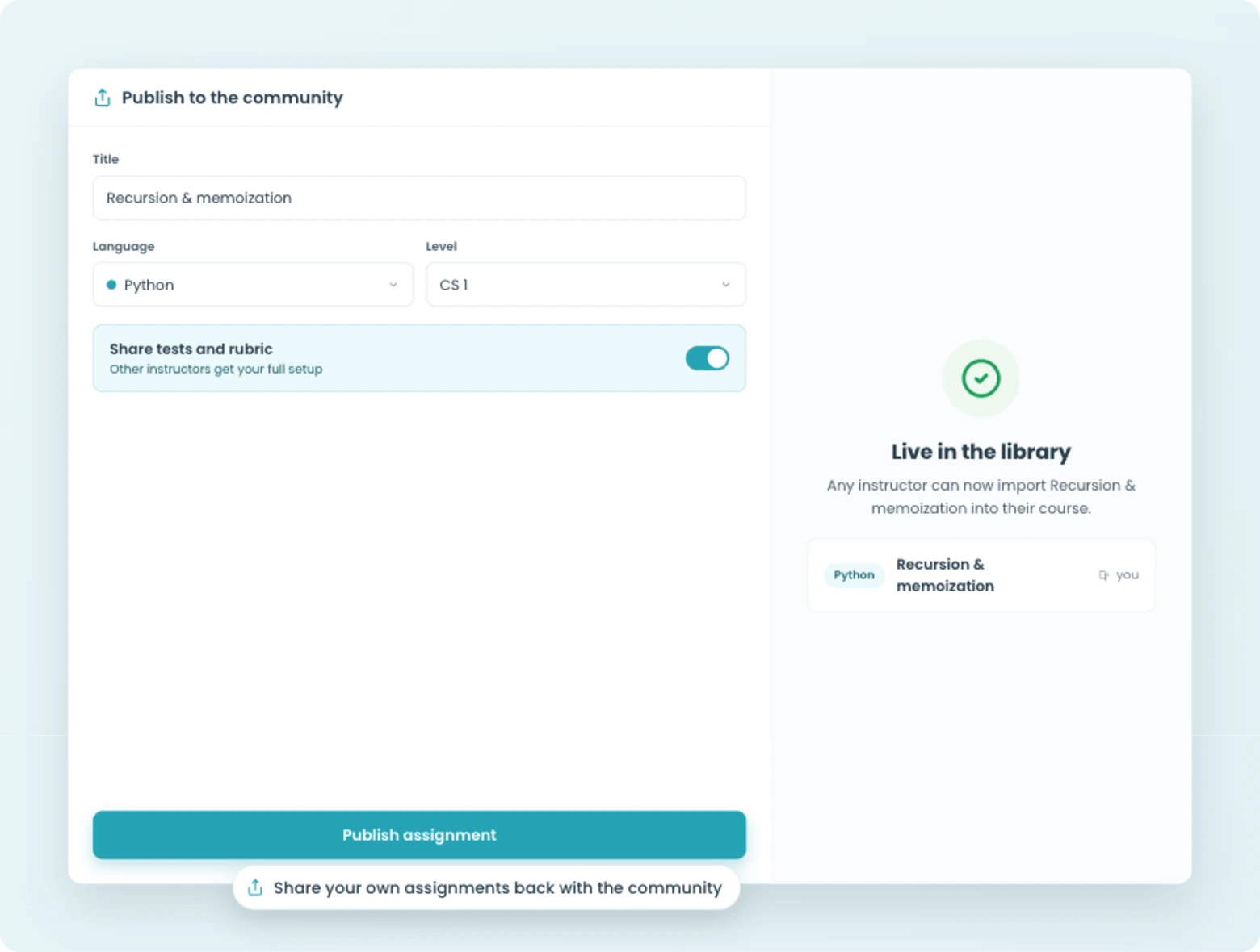 Sharing your own assignment back to the CodeGrade community library.