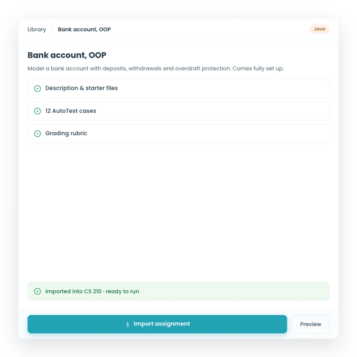 Importing a pre-built assignment in CodeGrade, ready to run.