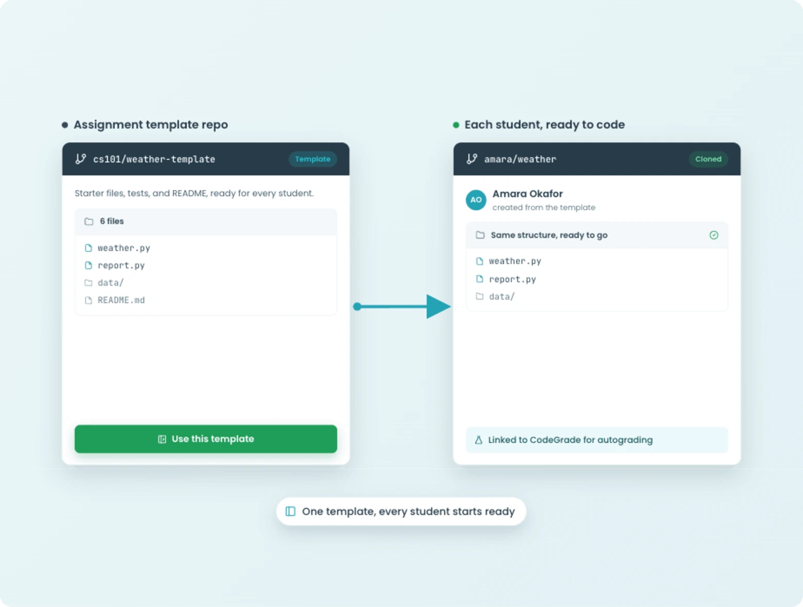 An assignment linked to a GitHub template repository that students clone.