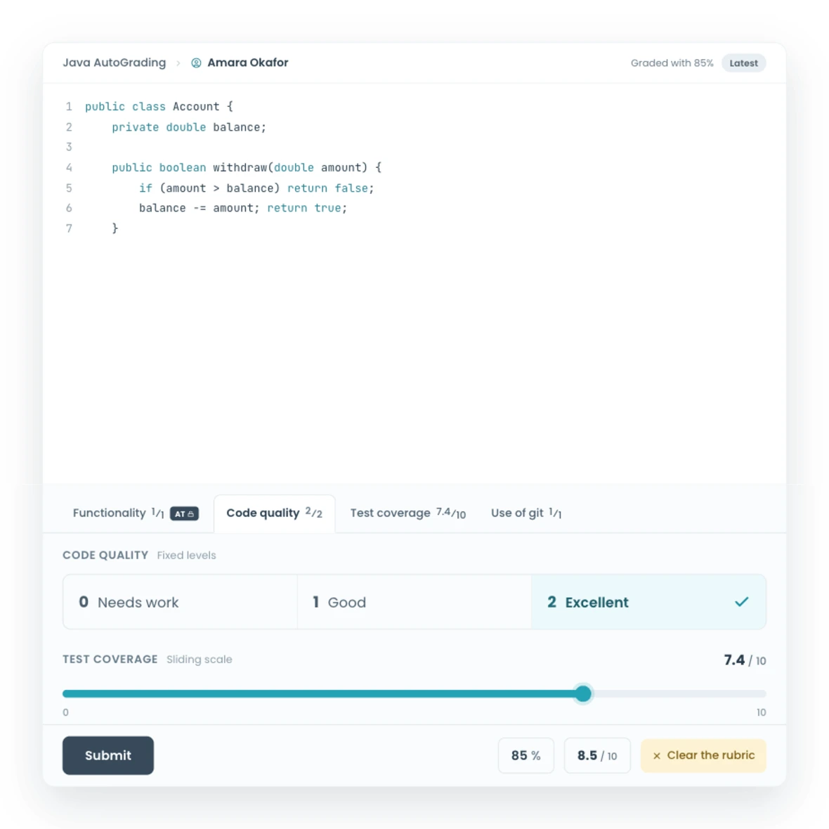A CodeGrade rubric with a discrete fixed-level category beside a continuous sliding-scale category.