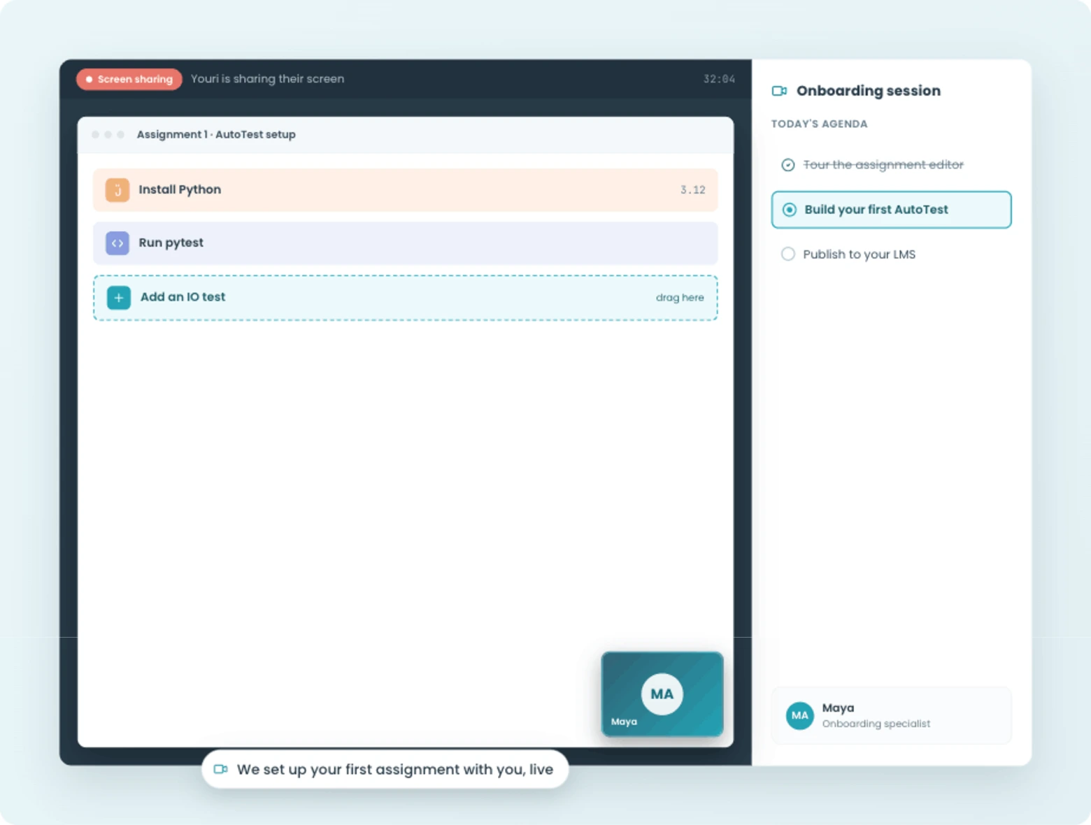 A CodeGrade onboarding session configuring an instructor's first assignment.