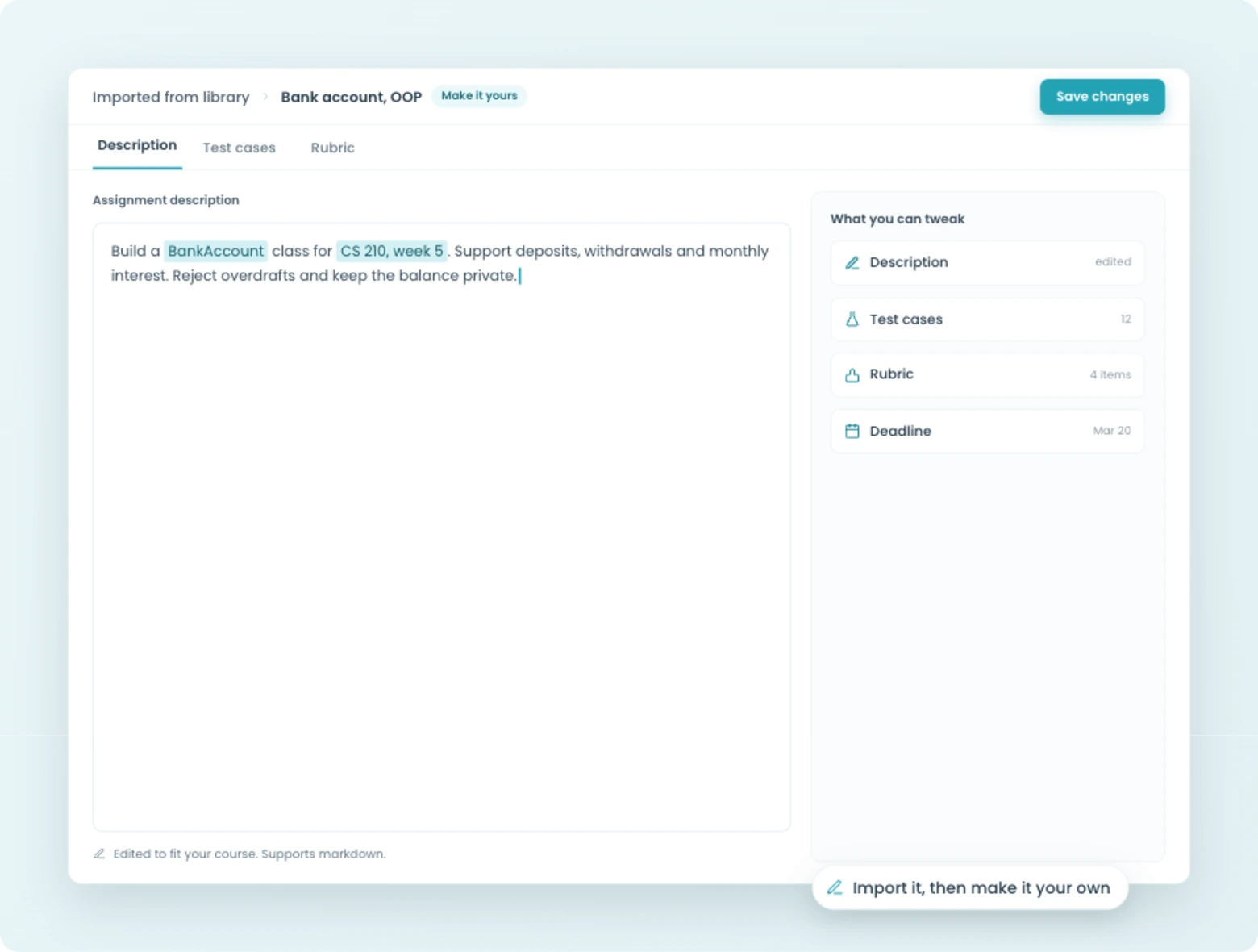 Customizing an imported assignment's description, tests, and rubric in CodeGrade.