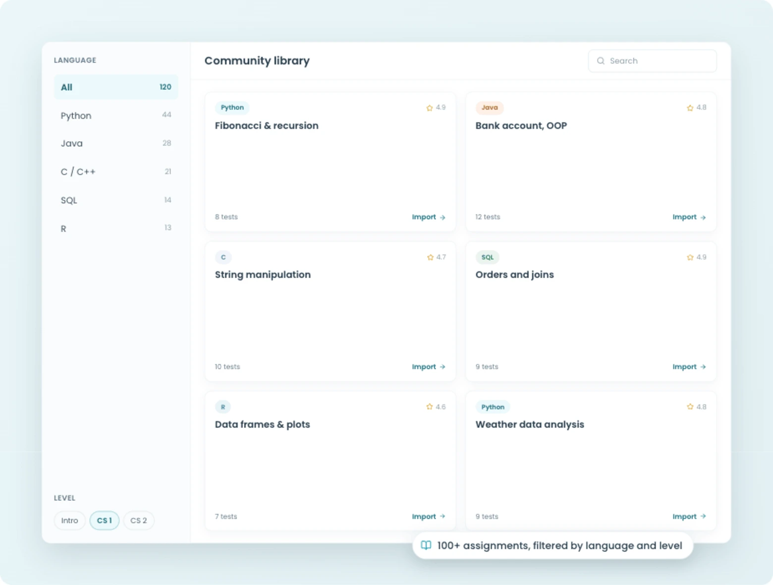 Browsing CodeGrade's library of 100+ autograded assignments with language filters.