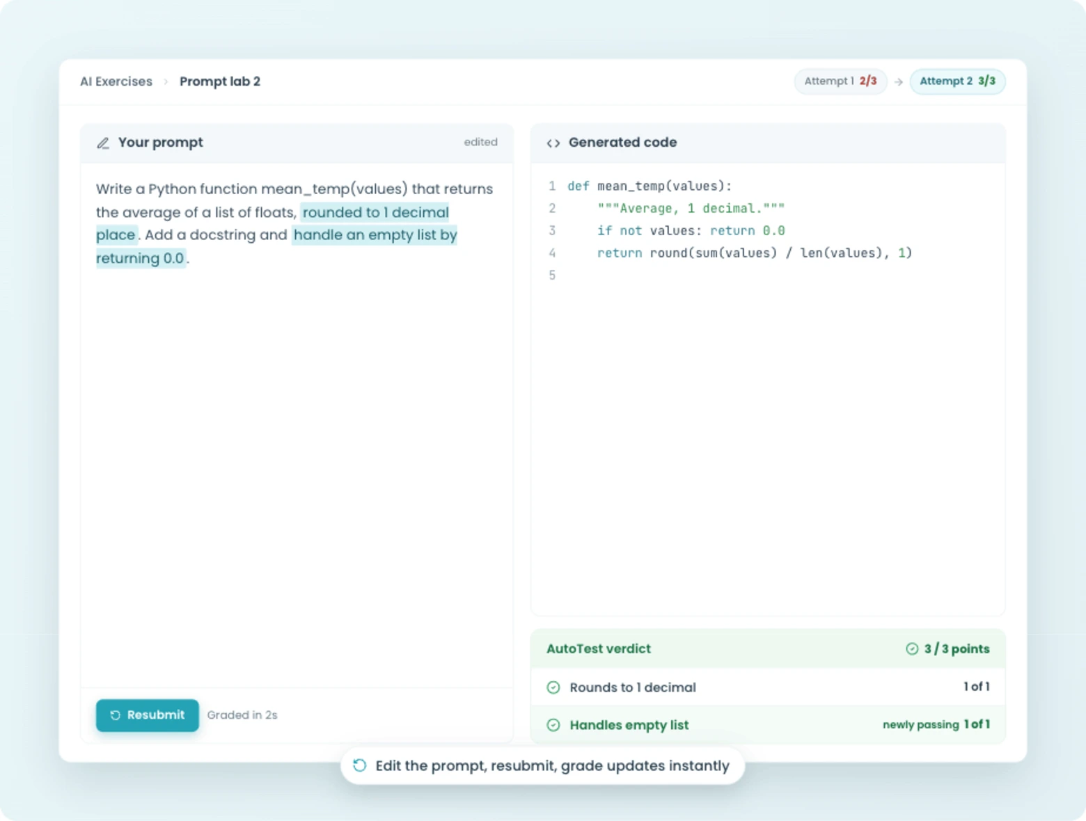 A student editing a prompt, resubmitting, and getting an instant AutoTest grade in CodeGrade.