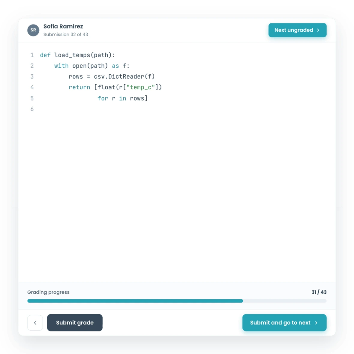 CodeGrade's next-ungraded navigation stepping through submissions.