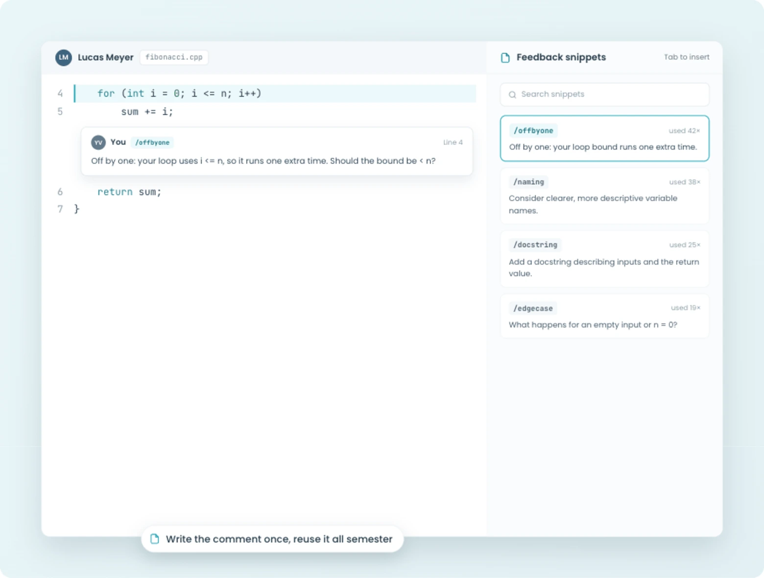 A CodeGrade snippet library inserting a saved comment while grading.