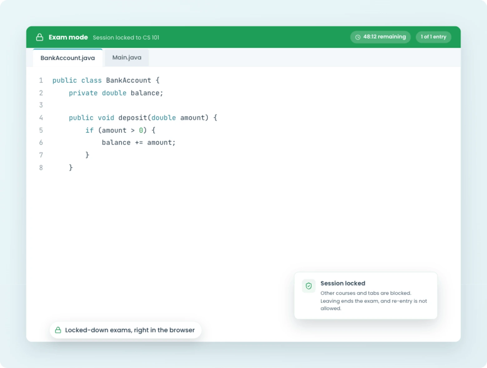 CodeGrade exam session lockdown: a locked exam screen with the lockdown bar and re-entry blocked.