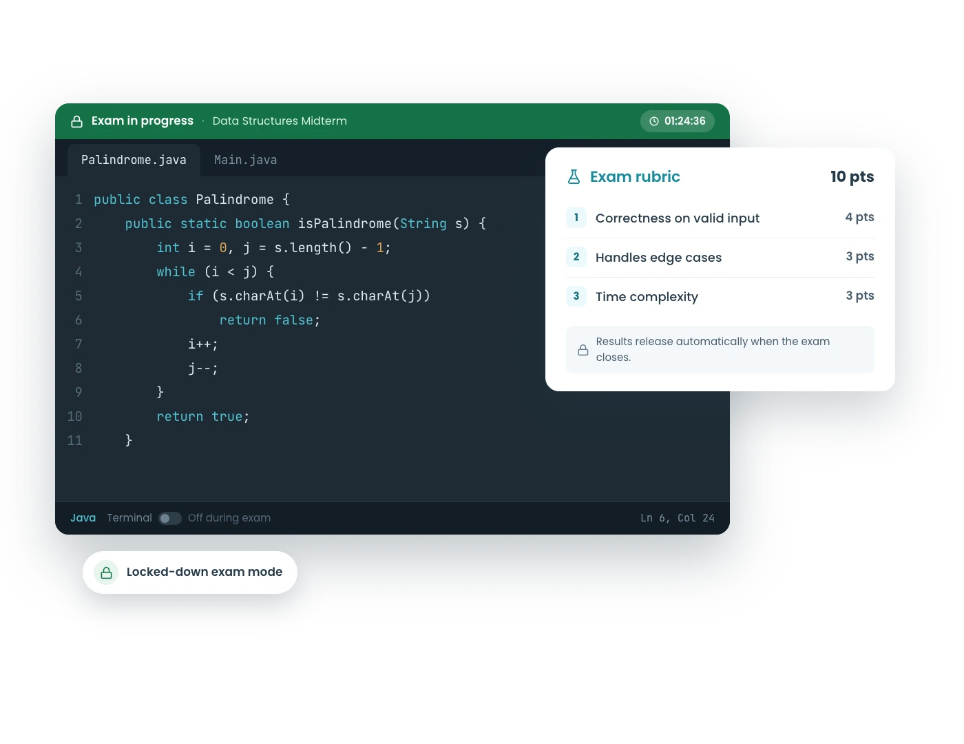 A secured coding exam in CodeGrade with session lockdown.
