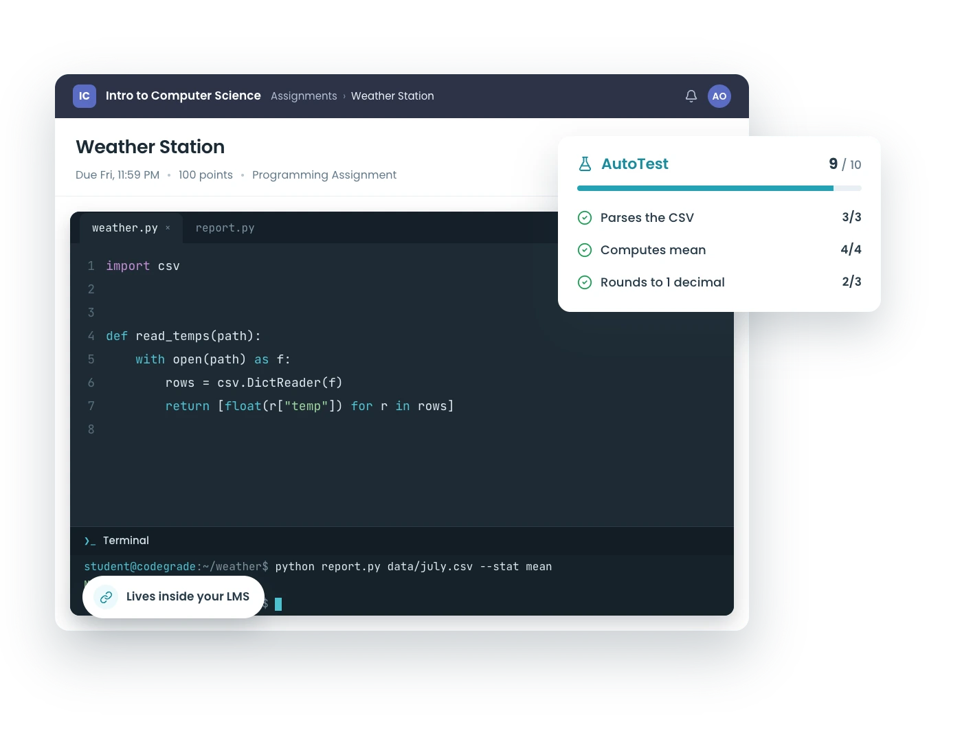 CodeGrade embedded in Blackboard with autograding and feedback.