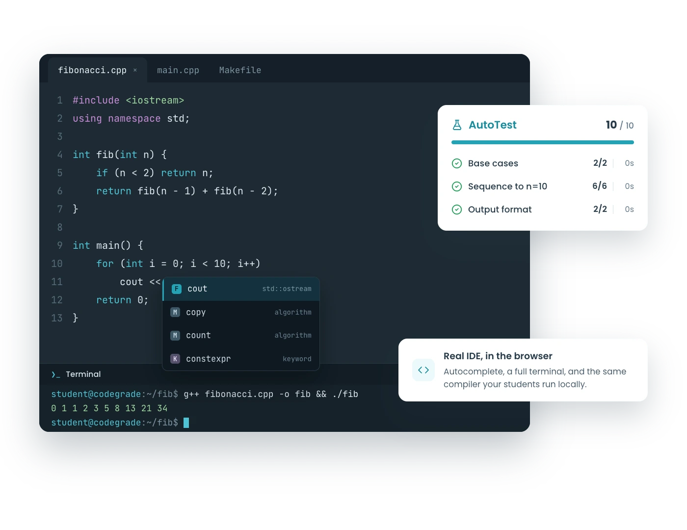 CodeGrade's learning environment: browser editor, terminal, autograder, and AI assistant.