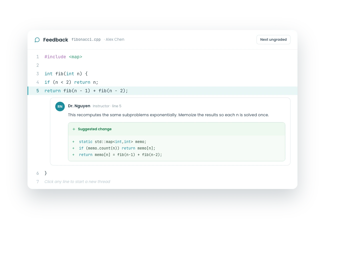Inline feedback pinned to a specific line of code in CodeGrade.