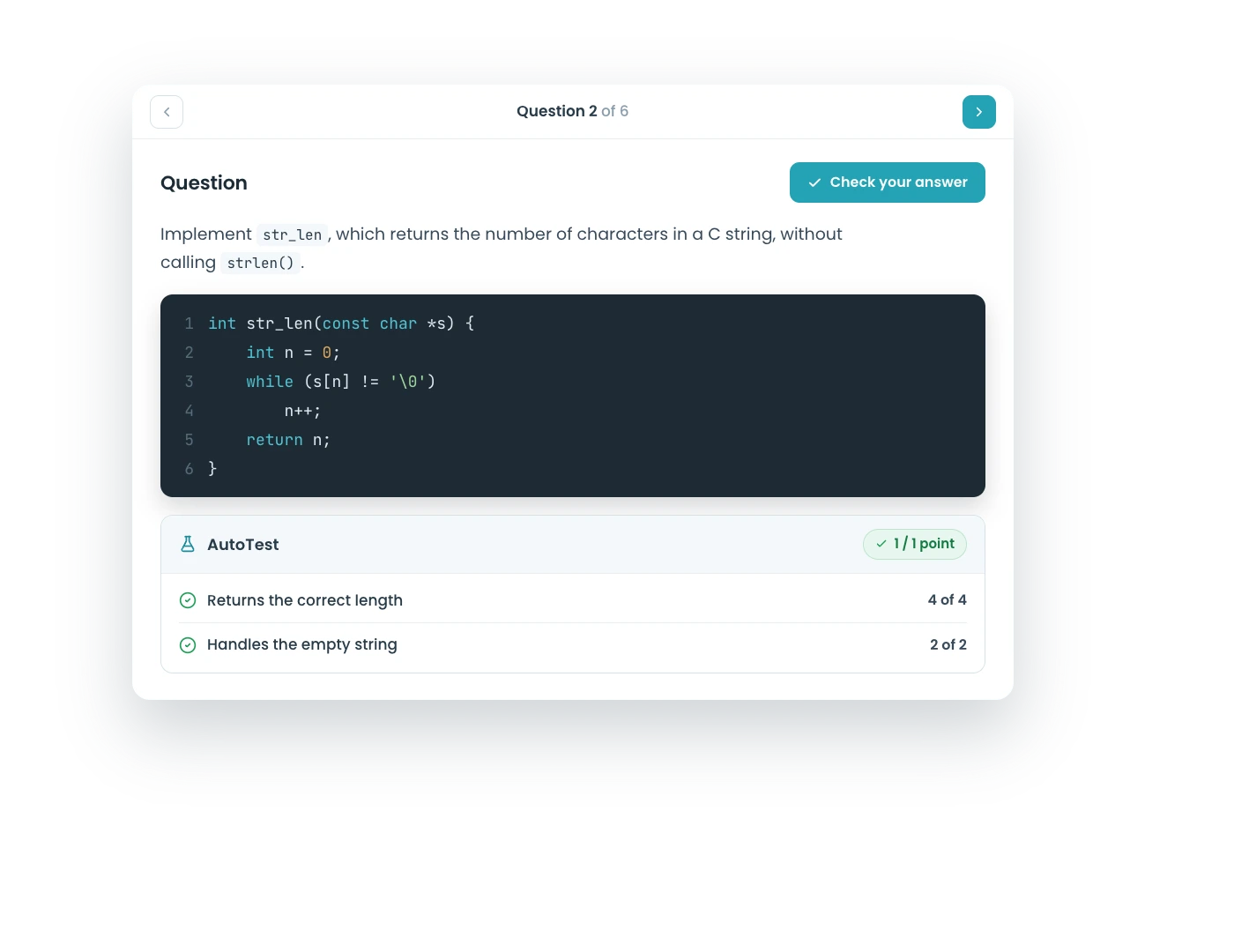 A CodeGrade coding quiz: question, editor, and instant results on one screen.