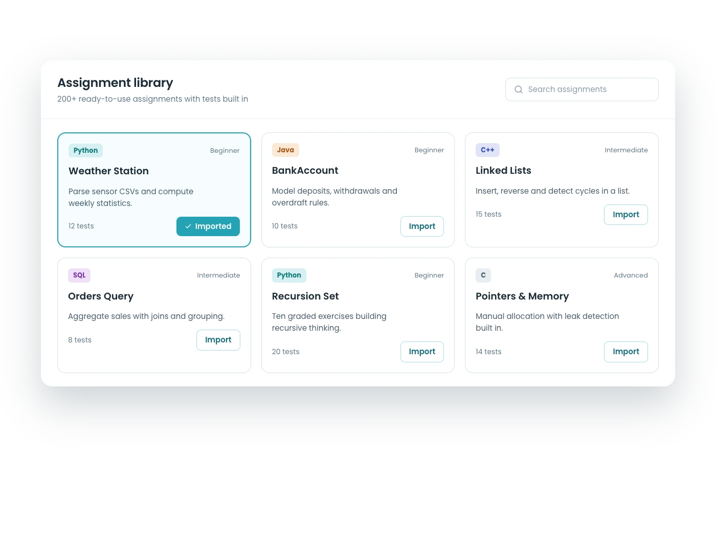 CodeGrade's community library of pre-built, autograded assignments.