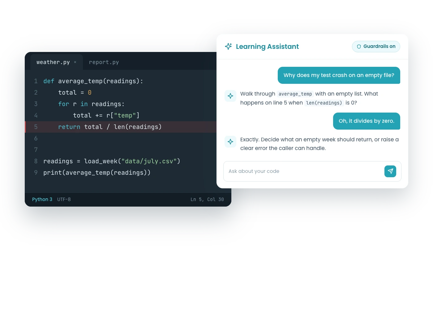CodeGrade's configurable AI assistant helping a student, with guardrails on.