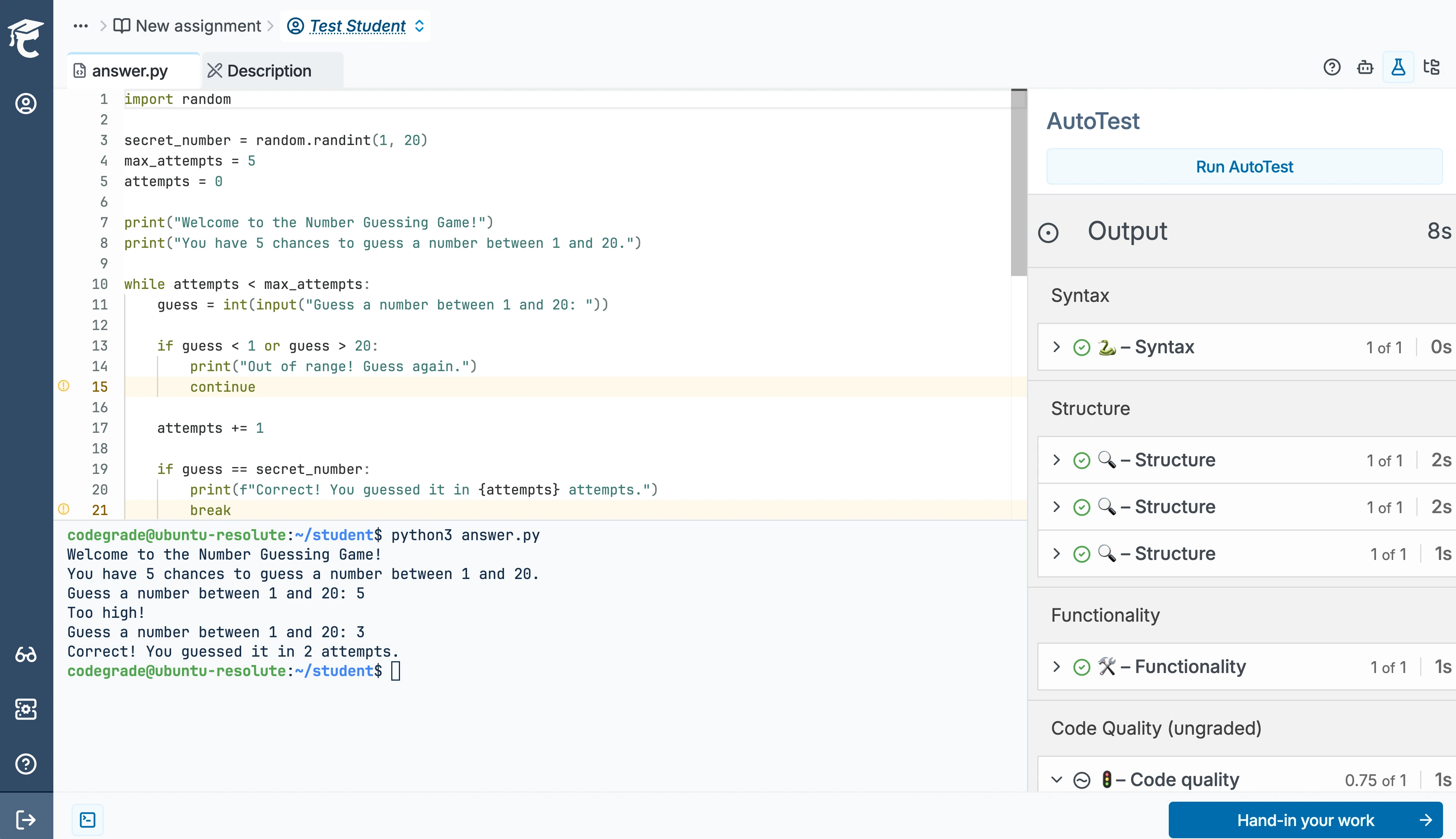 CodeGrade's redesigned code editor with Python code, the integrated terminal running the program, and AutoTest results on one screen.