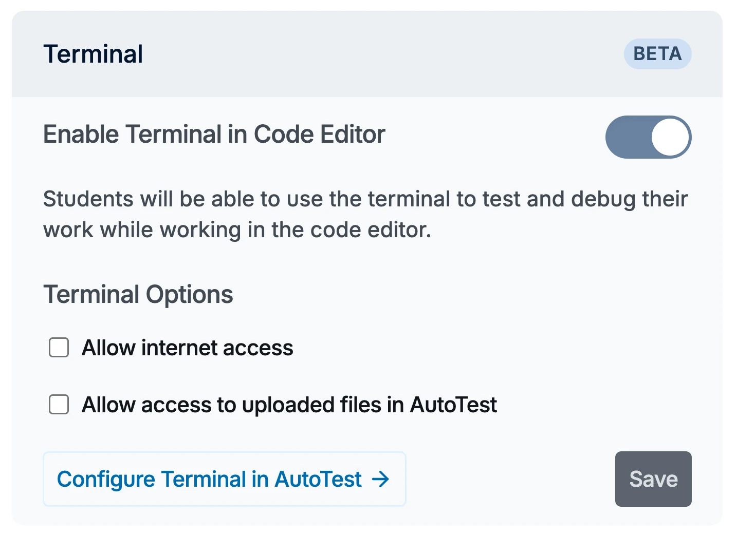 The Terminal settings panel in CodeGrade with the beta badge, the per-assignment enable toggle, and options for internet access and AutoTest file access.