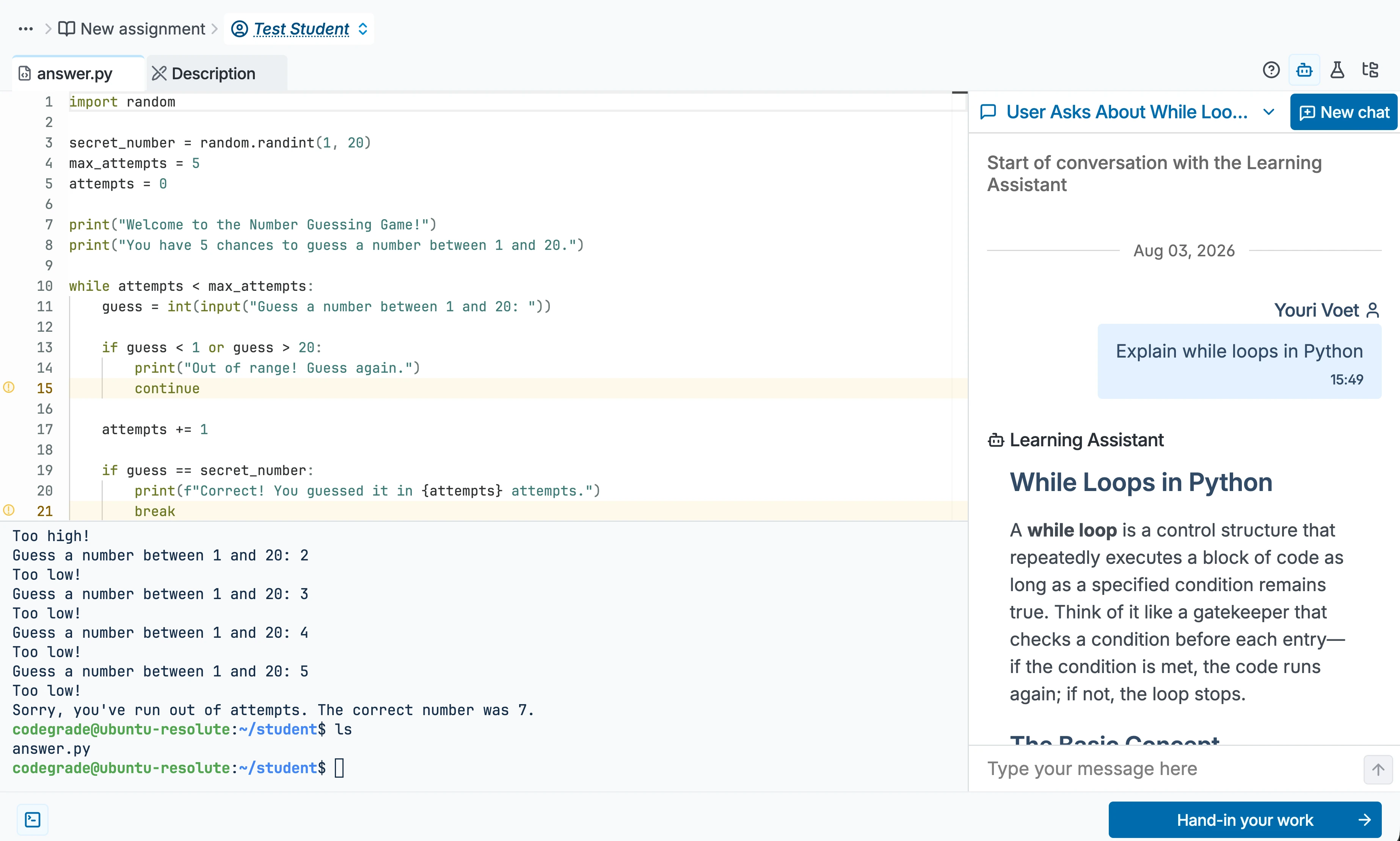 CodeGrade's redesigned editor with the terminal below the code and the Learning Assistant explaining while loops in a side panel.