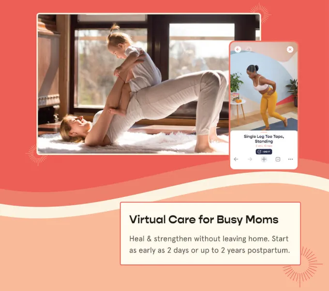 A postpartum mom exercising her pelvic floor in bridge position with her baby on her lap.