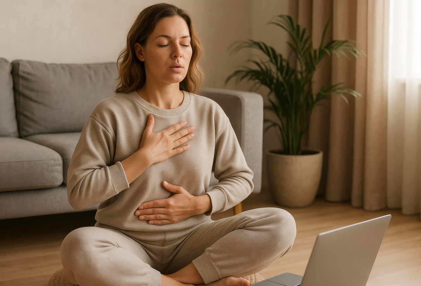 Woman practicing Breathing Techniques For Pelvic Health