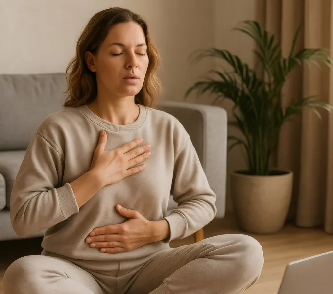 Woman practicing Breathing Techniques For Pelvic Health.
