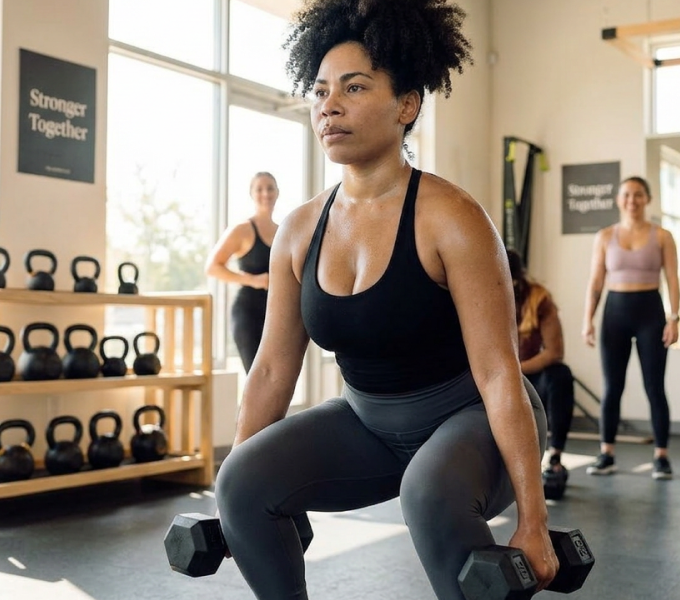 Woman on glp1s who is strength training, protecting her pelvic floor and whole body muscle mass.