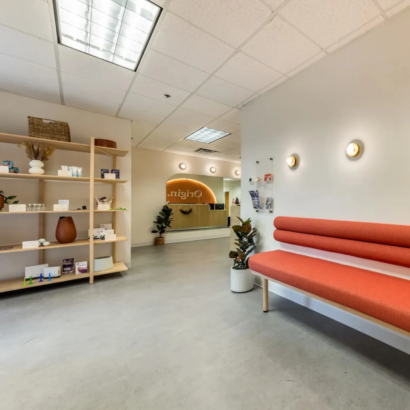 A designer bench at one of Origin’s spa-like clinics.