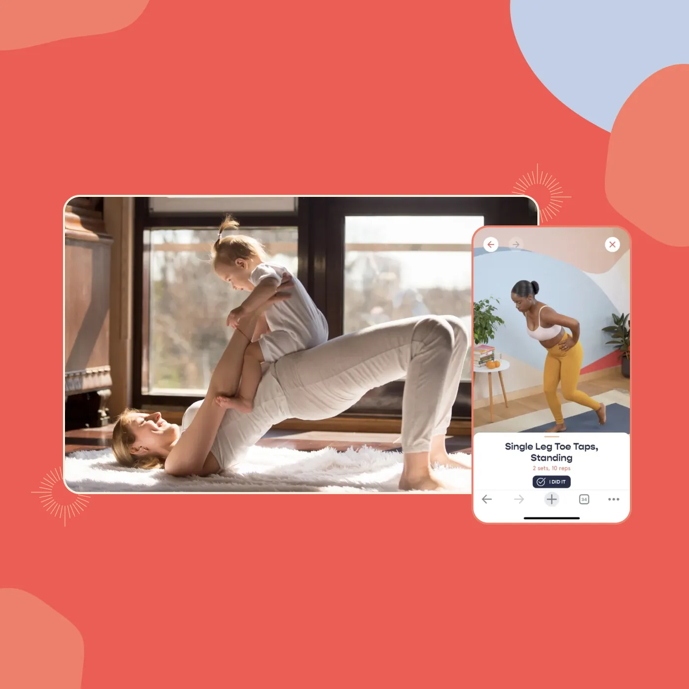 A postpartum mom exercising her pelvic floor in bridge position with her baby on her lap.