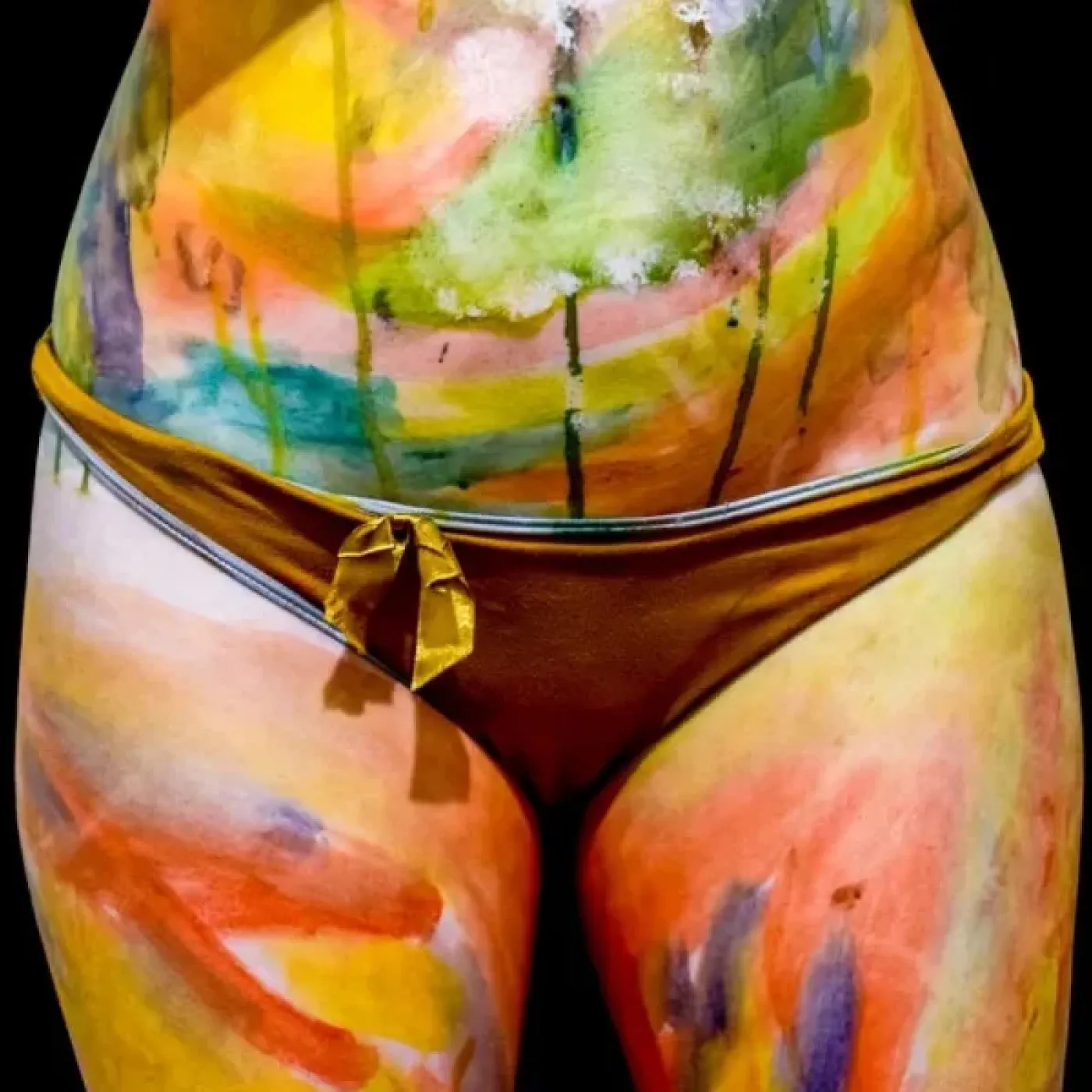 The midsection of a female body painted in beautiful colors to represent the sacral chakra and pelvic floor.
