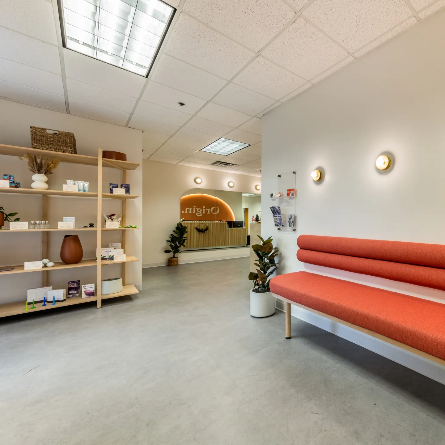 A designer bench at one of Origin’s spa-like clinics.