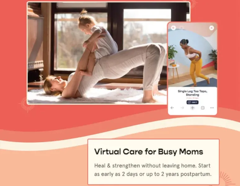 A postpartum mom exercising her pelvic floor in bridge position with her baby on her lap.
