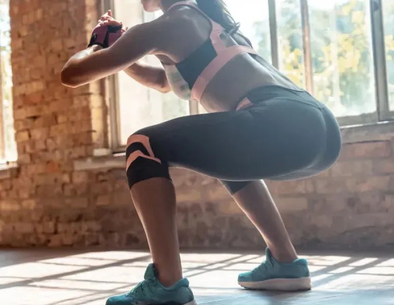 In a sunny room, a woman in black leggings does a kegel in squat position for better bladder control and sexual benefits.