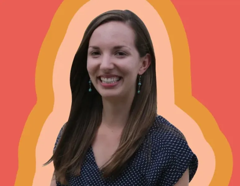 An image of Origin PT Dr. Beverly Miras with bold bands of color in the background.