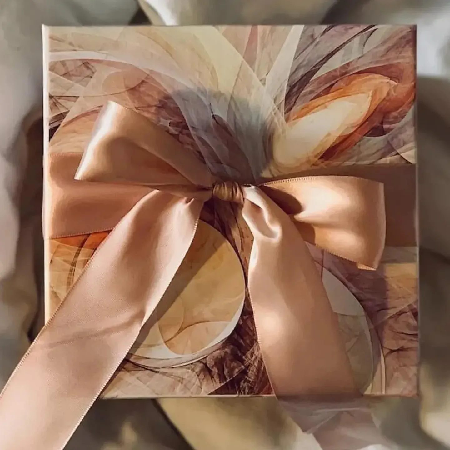 A small, beautifully wrapped gift on a fluffy white duvet cover.