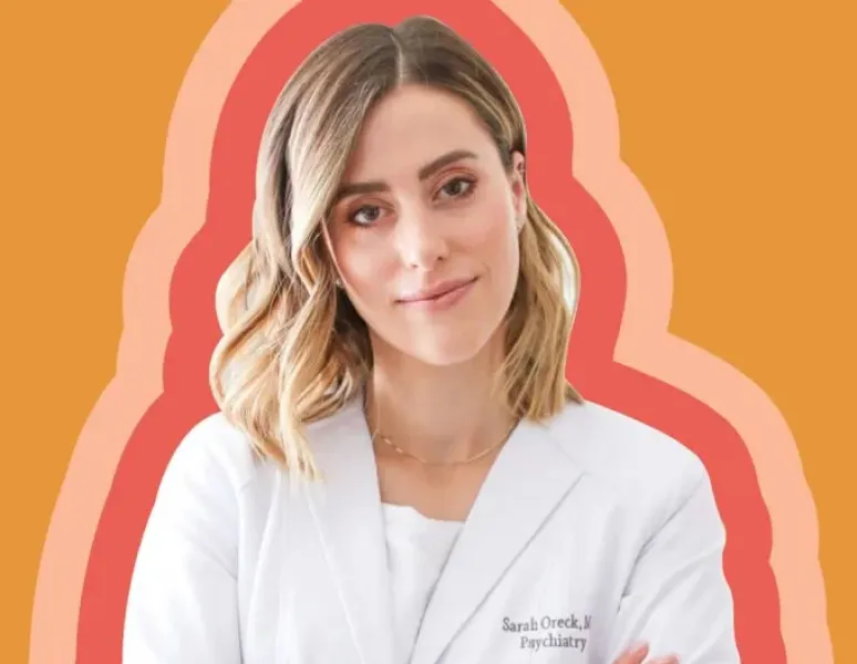 An illustrated photo of Origin Sarah Oreck, MD, MS, surrounded by cheerful, colored bands in coral, pink, and mustard yellow.