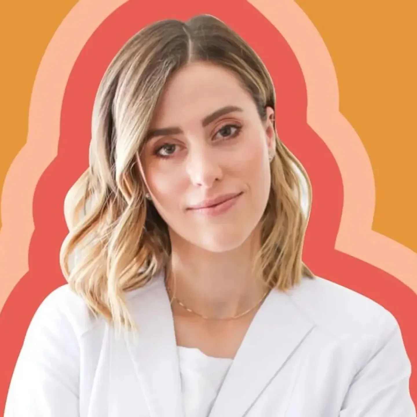 An illustrated photo of Origin Sarah Oreck, MD, MS, surrounded by cheerful, colored bands in coral, pink, and mustard yellow.