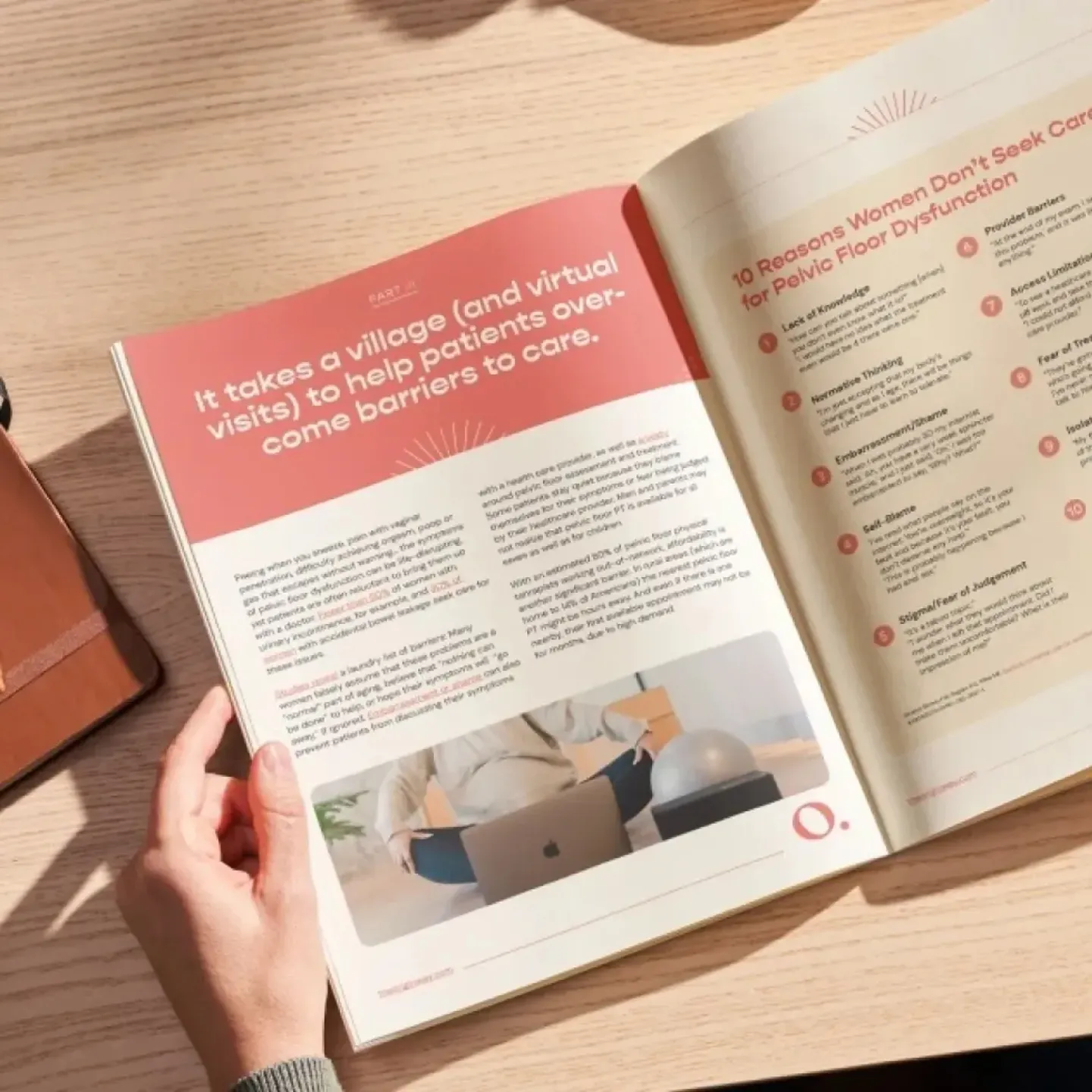 A woman at a sunlit desk is eating coffee and reading Origin's State of Pelvic Floor Physical Therapy report.